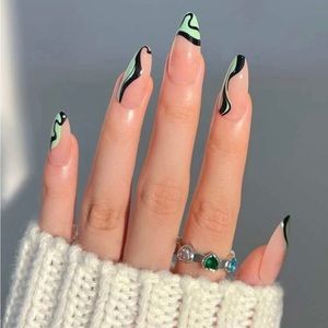 Long Almond Color Block Press On Nails 24 PCs